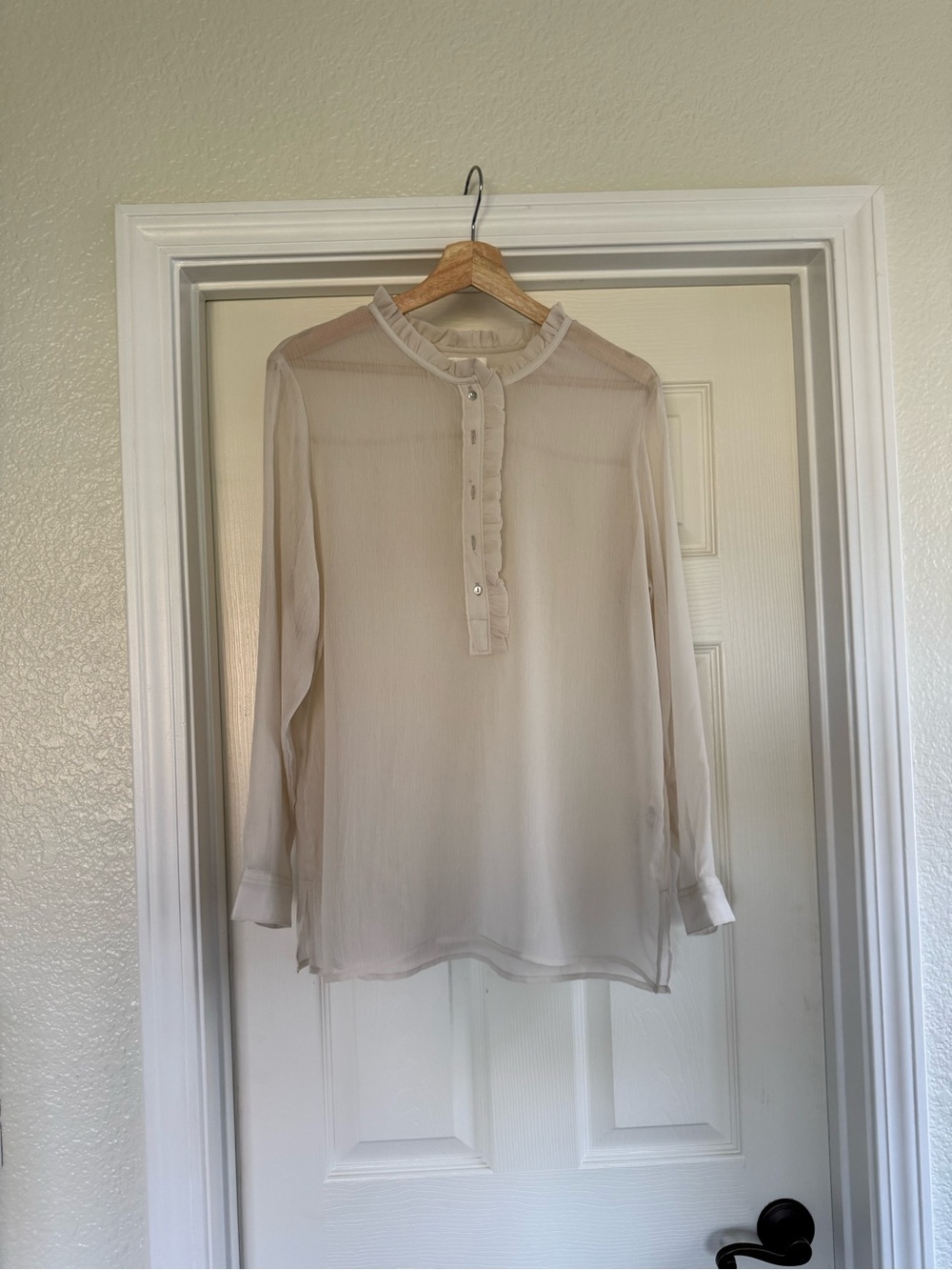 H&M Sheer Ivory Ruffle-Neck Button Blouse